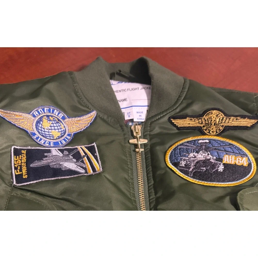 Boeing Kids Authentic Flight Jacket MA-1 Bomber Olive Green Patches 2T S